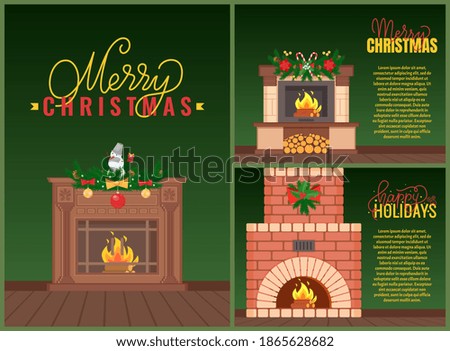 Merry Christmas lettering greeting with adorned chimney. Green postcard, decorated burning fireplace with holiday toys and hanging mistletoe on top vector