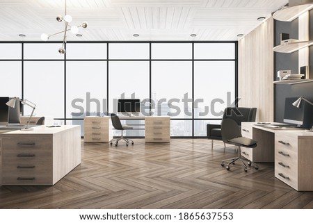 Comfortable office with bookcase, computers on wooden table and megapolis city view. Workplace and company concept. 3D Rendering