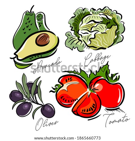Vegetables, avocados, cabbage, tomatoes, olives - icons, elements for patterns, backgrounds, labels, packaging, design, banners, flyers, handmade art decoration. Doodles, graphics, sketch, vector illu