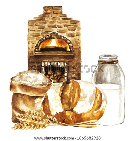Hand drawn watercolor bakery illustration of homemade bread, flour sack, traditional oven, milk bottle, wheat ears. Bakery elements isolated on white background. Baked goods composition for menu.