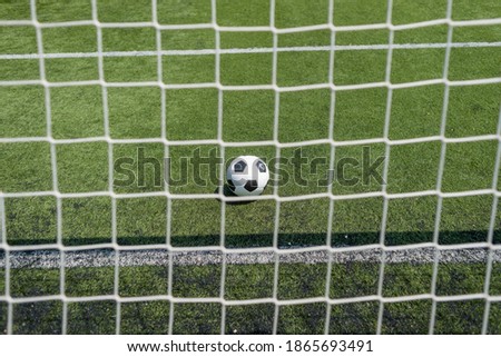 Soccer ball on green football field grass against net
