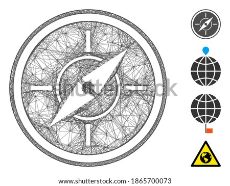 Vector wire frame compass. Geometric wire carcass 2D network generated with compass icon, designed with intersected lines. Some bonus icons are added.