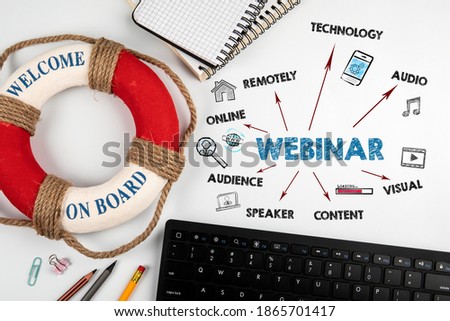 Webinar. Online, Remotely, Content and Audience concept. Chart with keywords and icons. Computer keyboard on desk