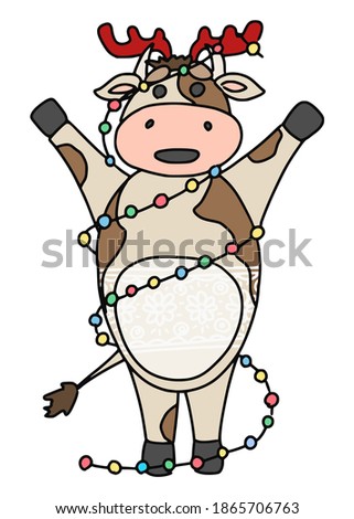 bull in a christmas garland with toy horns on its head. vector doodle illustration