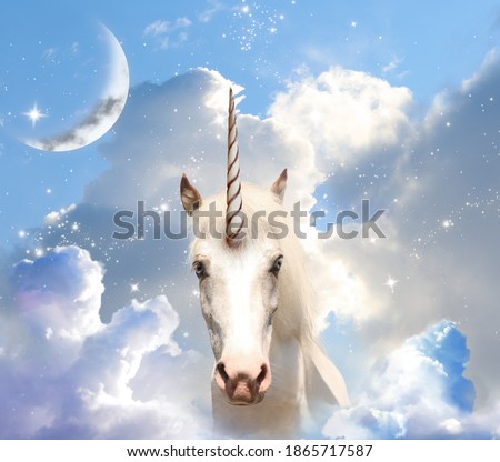 Magic unicorn in fantastic sky with fluffy clouds and crescent  Royalty-Free Stock Photo #1865717587