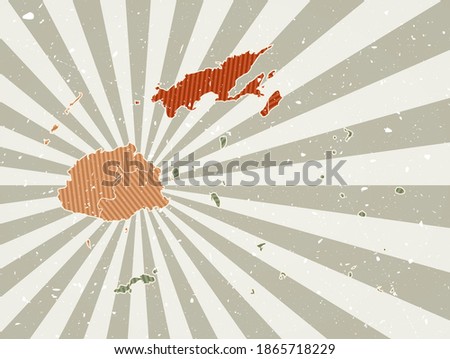 Fiji vintage map. Grunge poster with map of the country in retro color palette. Shape of Fiji with sunburst rays background. Vector illustration.