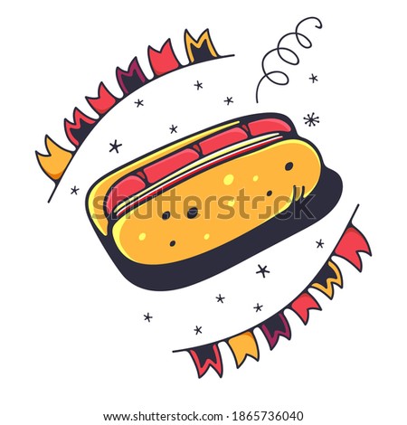 Cute illustration with hot dog. Isolated on a white background. Vector doodle illustrations.