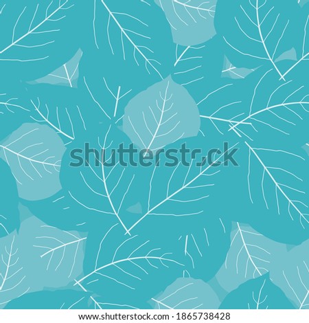 Monochrome sky blue aspen leaf seamless vector pattern background. Overlapping scattered hand drawn leaves textural abstract backdrop. Botanical foliage for spring, summer, vacation, beach concept