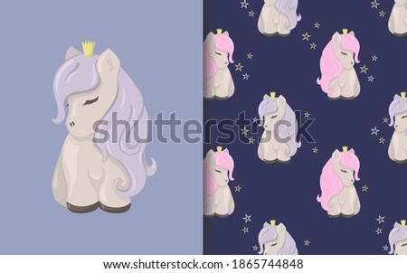 Set of vector seamless backgrounds and illustrations with ponies. Vector baby illustrations in cartoon hand drawn style for printing on clothes, interior design, packaging, printing.