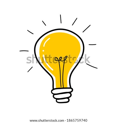 Light bulb with rays shine. Cartoon style. Flat style. Hand drawn style. Doodle style. Symbol of creativity, innovation, inspiration, invention and idea. Vector illustration Royalty-Free Stock Photo #1865759740