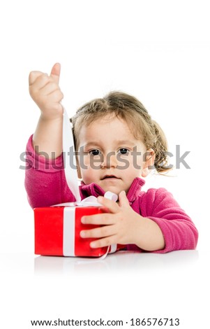 picture of beautiful girl opening gift box on white background