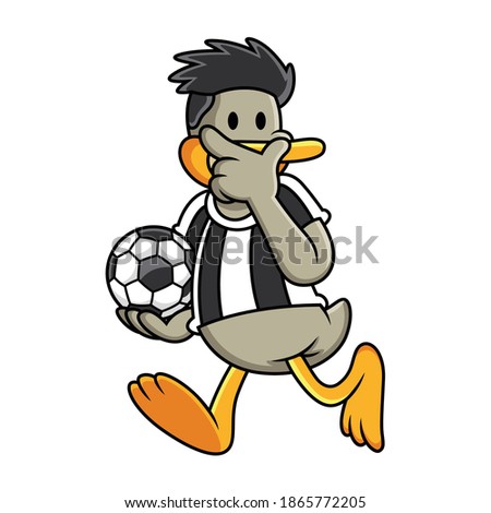 Cartoon duck playing soccer. Vector clip art illustration with simple gradients. All in a single layer.