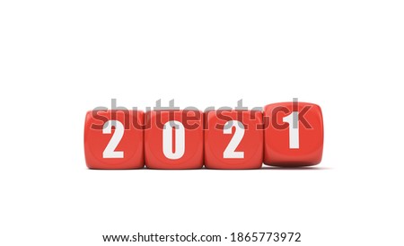  Holiday illustration red cubes with white numbers 2021 on white background. 3D rendering. Happy New Year 2021.