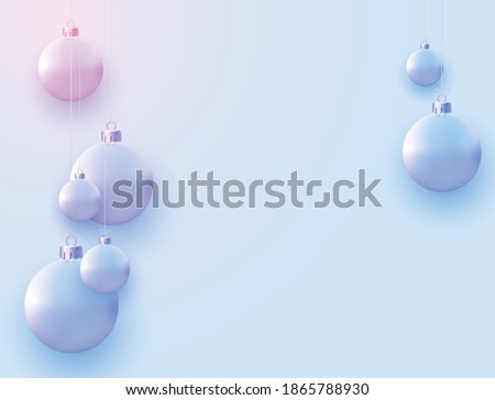 Matt light blue and pink christmas balls hanging on threads. Space for text. Vector festive illustration.
