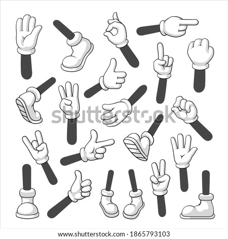 Cartoon hands and feet set, body gesture parts. Glove finger, walking legs for comic decoration. Vector line art illustration on white background Royalty-Free Stock Photo #1865793103