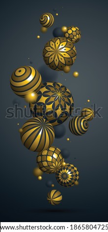 Abstract golden spheres vector phone background, composition of flying balls decorated with patterns of gold, 3D mixed variety realistic globes with ornaments, smartphone wallpaper.