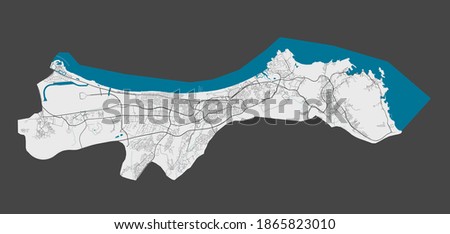Muscat map. Detailed map of Muscat city administrative area. Cityscape panorama. Royalty free vector illustration. Outline map with highways, streets, rivers. Tourist decorative street map. Royalty-Free Stock Photo #1865823010