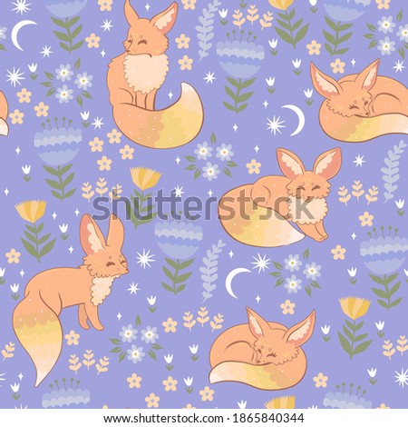 Spring foxes and flora seamless pattern. Vector graphics.