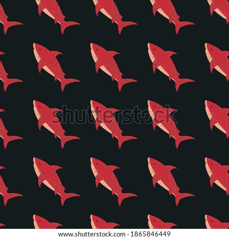 Contrast seamless doodle pattern with shark red ornament. Black background. Wild exotic print. Decorative backdrop for fabric design, textile print, wrapping, cover. Vector illustration.