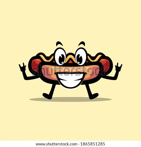 cute hotdog character illustration with happy face and metal hand sign. For restaurant or street food stall logo and mascot. Isolated premium vector