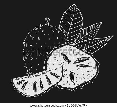 Composition of soursop fruits with leaves. White outline drawing isolated on black background. Doodle style.