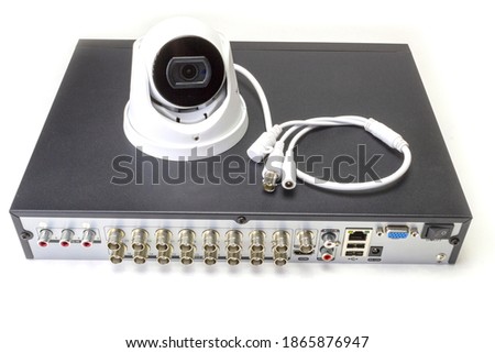 Digital Video Recorder and video surveillance cameras on white background