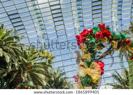 the beautiful Christmas decoration in flower dome of garden by the bay Singapore. 
It is a nature park spanning 101 hectares in the Central Region of Singapore.