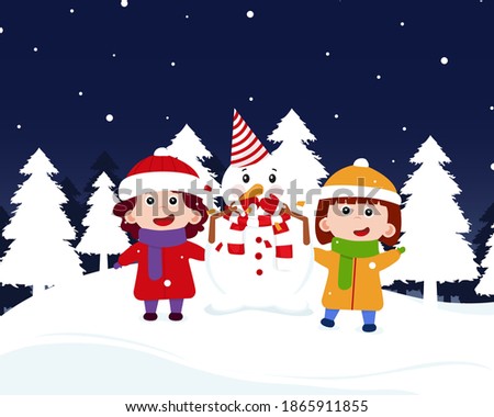 Winter outdoor activities with children and a snowman. Funny kids dazzled snowman and decorated his knitted scarf and cap. Christmas and New Year together with cheerful friends. Vector illustration