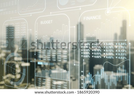 Double exposure of abstract virtual statistics data hologram on blurry cityscape background, statistics and analytics concept
