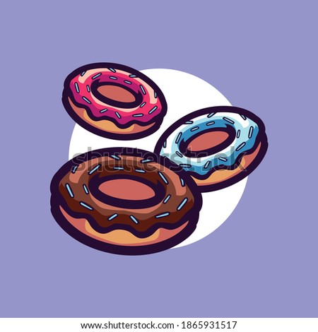 three donuts flavor cartoon vector illustration. Chocolate, vanilla, strawberry. Perfect for restaurant and street food stall. Isolated premium vector