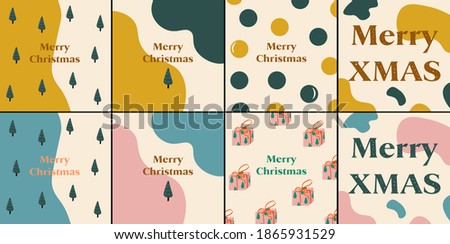 Set of vector flat minimalistic Christmas cards with christmas tree, gifts and abstract shapes in trendy colors. Greeting cards in cartoon style. Merry Christmas and Happy New Year. Happy Holiday