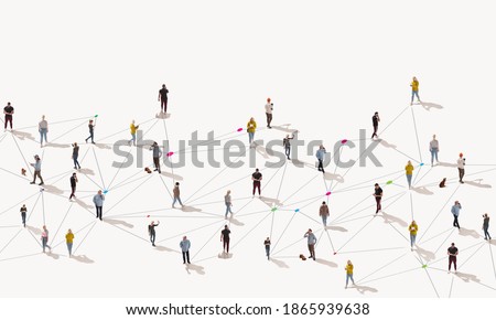 Aerial view of crowd people connected by lines, social media and communication concept. Top view of men and women isolated on white background with shadows. Staying online, internet, technologies.