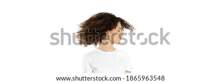 Curly Young Girl Demonstrates Beautiful Natural Hair White Background Copy Space Long Baner