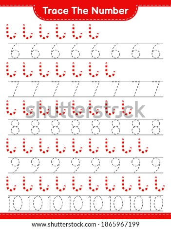 Trace the number. Tracing number with Candy Canes. Educational children game, printable worksheet, vector illustration