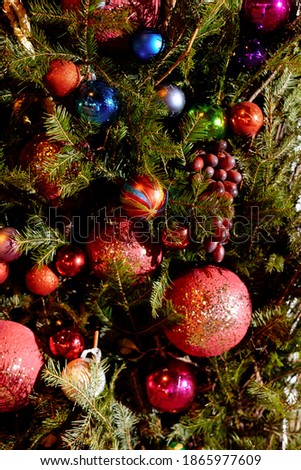 Christmas balls on the background of fir branches. Composition decoration for New Years Eve.