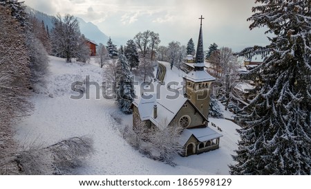 Aerial shots of a church, Caux, Switzerland. 