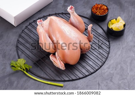 Fresh raw whole chicken without skin placed on grill arranged with parsely leaf and small bowls of chilly flakes and lemon slices with delivery box on grey textured background Royalty-Free Stock Photo #1866009082