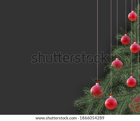 Green christmas tree with red baubles and space for text. Vector illustration.