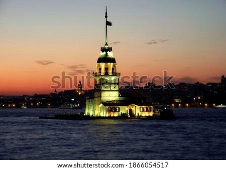 Galata Tower and Maiden's Tower in the same photo sunset