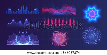 Graphic of amplitude or audio range effect. Chart of sound wave isolated on blue background. Sound waves equalizer. Frequency audio waveform, music wave, voice graph signal in futuristic style. Vector Royalty-Free Stock Photo #1866087874