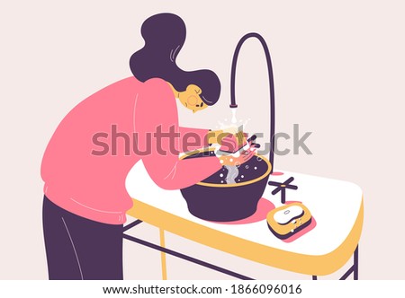 OCD woman cleaning hands. Obsessive compulsive disorder about clean and ritual to defeat panic and fear. Vector concept illustration about mental health Royalty-Free Stock Photo #1866096016