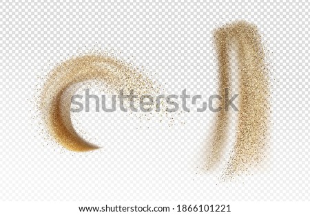 Explosion and pour of gold sand, falling dust with glitter particles isolated on transparent background. Vector realistic set of yellow sand powder splashes and clouds. Motion effect of shimmer flows Royalty-Free Stock Photo #1866101221