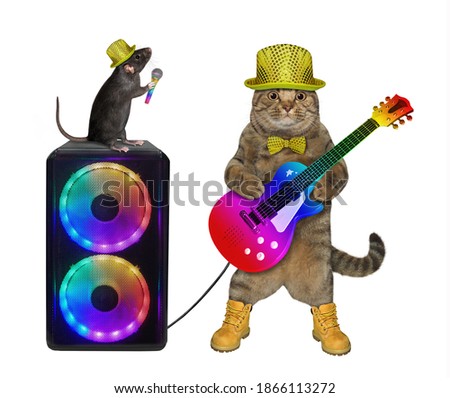 A cat guitar player in stylish clothes is playing near a loudspeaker. A rat is singing a song. White background. Isolated.