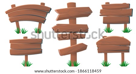 Set of wooden banner signboard. Wooden signs, arrows and pointers for games. Blank, transparent isolated wooden boards. Can be used for old signposts. Vector illustration