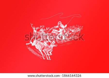 Sketch of Santa Claus and his sleigh pulled by reindeer on a red background. Merry Christmas and Happy New Year Concept.