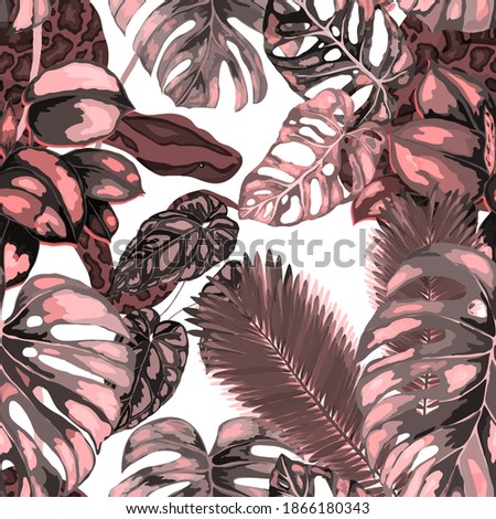 Beautiful seamless pattern with python and tropical leaves. Beautiful allover print with hand drawn exotic plants and snake. Swimwear botanical design. Vector	