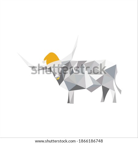 Cute gray metal bull with large triangular horns and yellow Christmas hat, isolated on white background. Vector illustration.