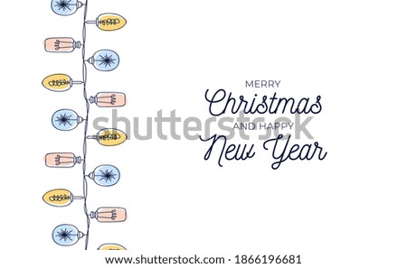 Cute vintage Christmas card design with hand drawn light bulb garlands backround. Xmas vector illustration