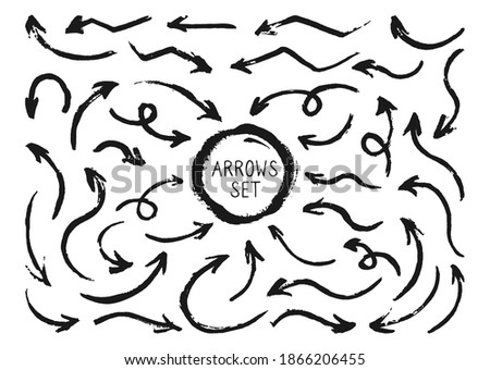 Painted arrows ink black, hand drawing set. Silhouette grunge pointer collection. Various curved, arched artistic uneven arrow shapes cursor. Vector signpost drawing drop design elements