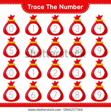 Trace the number. Tracing number with Santa Claus Bag. Educational children game, printable worksheet, vector illustration